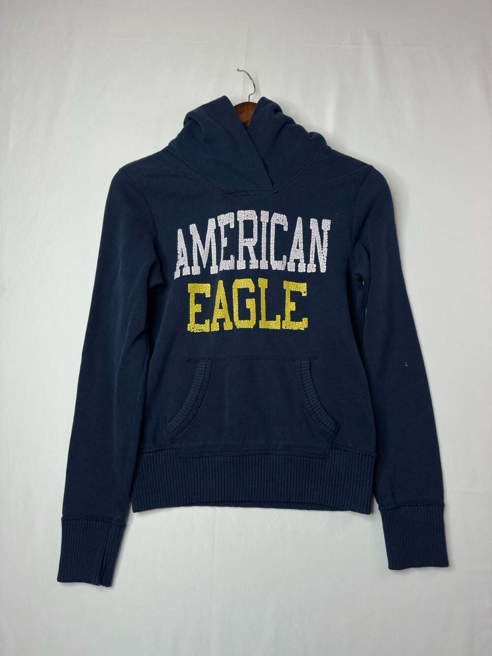 American Eagle Outfitters Hoodie Size S Navy Blue Spellout Pullover Pocket